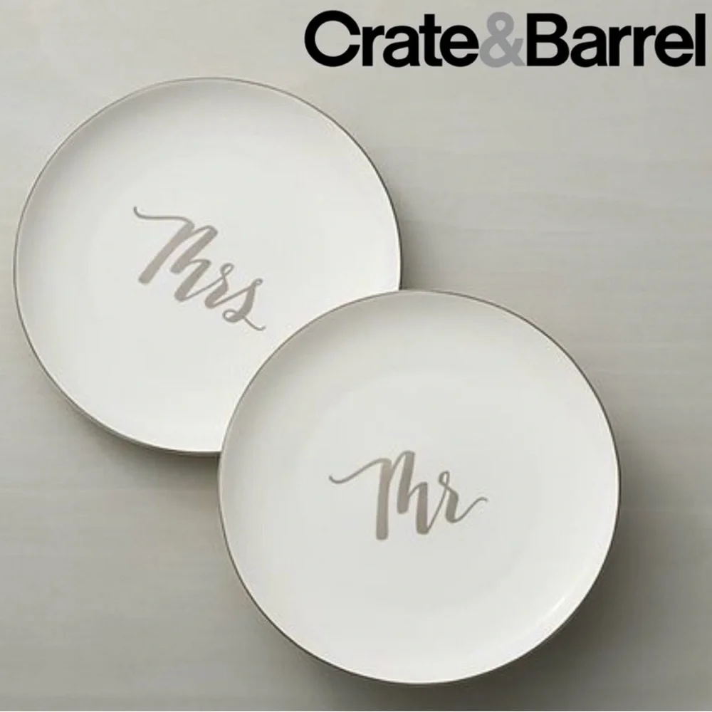 NWT Crate&Barrel Mr. Mrs. 8” Plate Set of 2 Wedding Cake Anniversary Bridal NEW